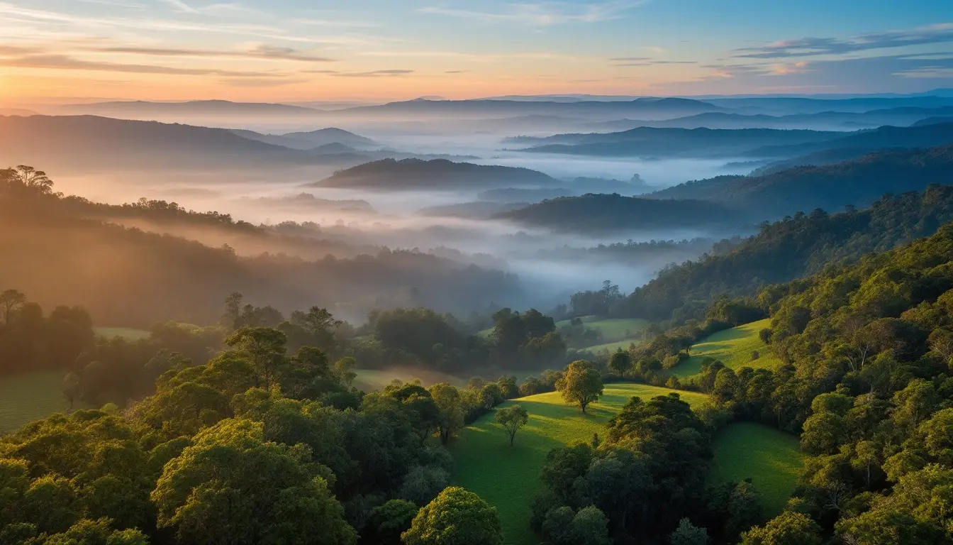 Mist over the vineyard hills and rainforest of the Yarra Ranges at sunrise